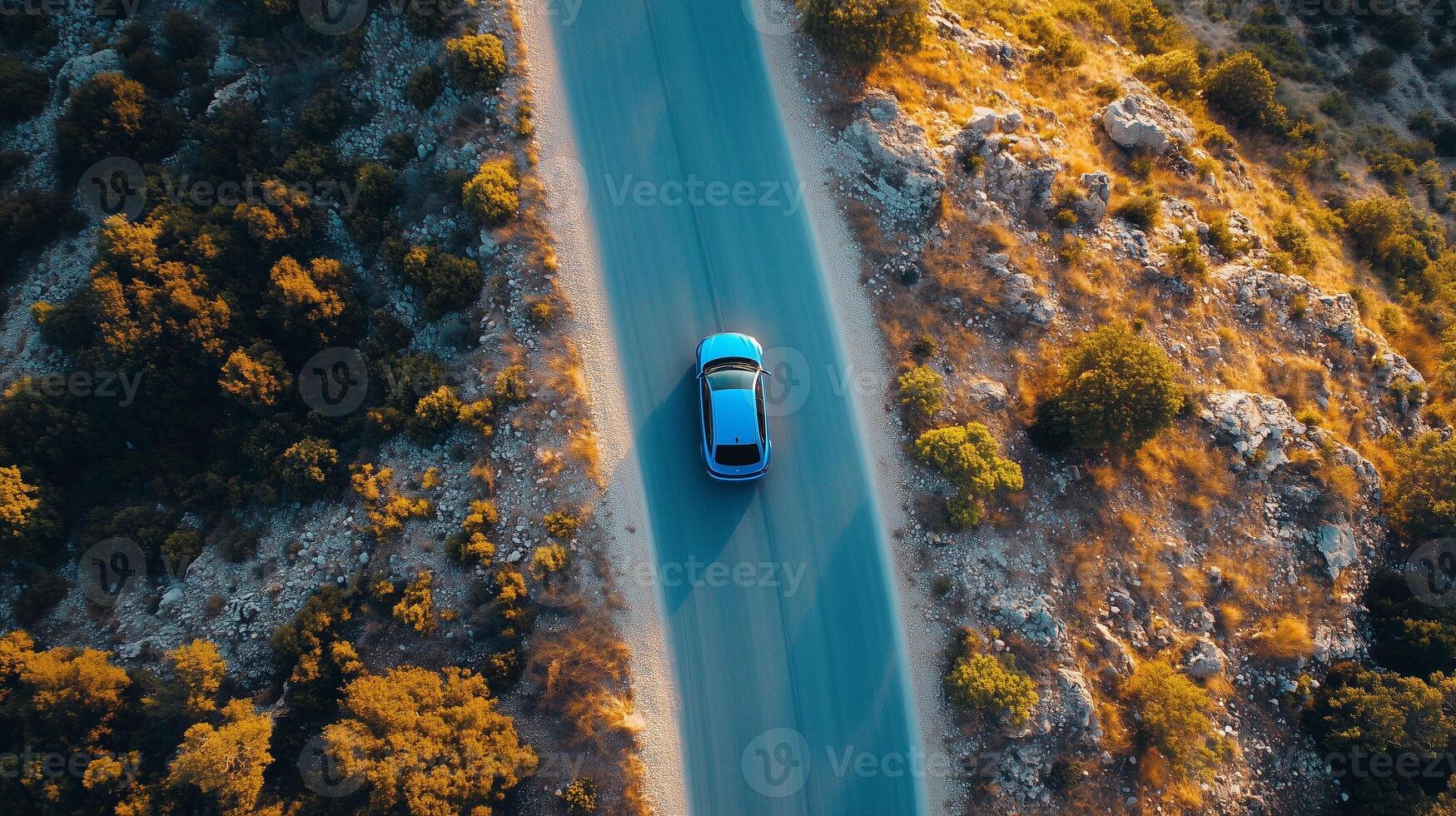 Aerial View of Car on Mountain Road. Journey Begins, Trip Adventure Concepts. Viewed From Above. photo