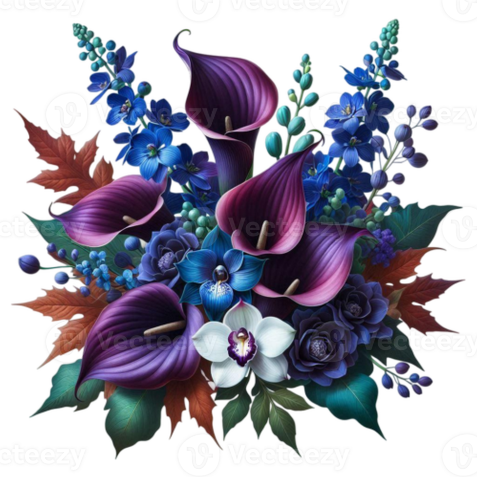 A bouquet of purple and blue flowers png