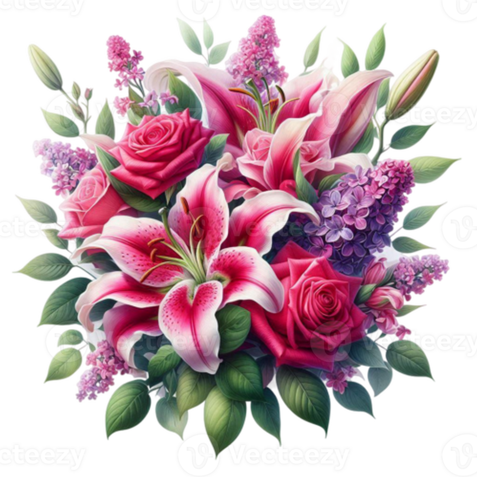 A bouquet of pink roses and lilas png