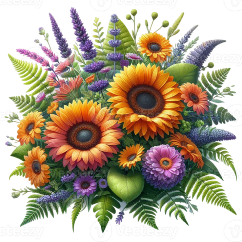 A bouquet of sunflowers and ferns png
