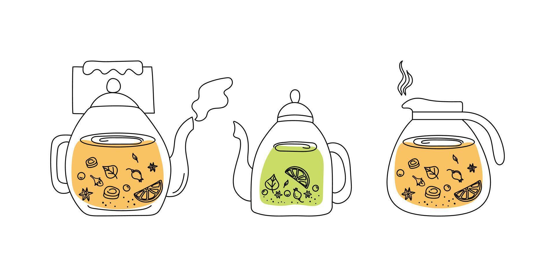 Set glass kettles with hot tea. Drawings, doodles. Tea in teapots, mint, lemon, ginger. Healthy warming hot drink. Winter season. Cafe, restaurant menu design. vector