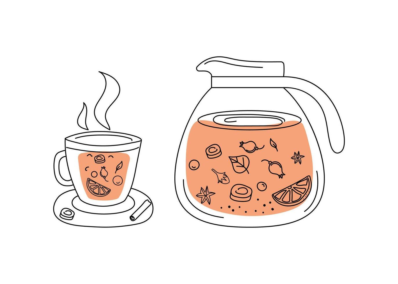 Tea in teapot and cup. Hot healthy drink with lemon, ginger, mint, spices. Line icons, Doodle drawings. Calligraphy lettering. Tea time, icons for cafe, restaurant menu design, isolated background. vector