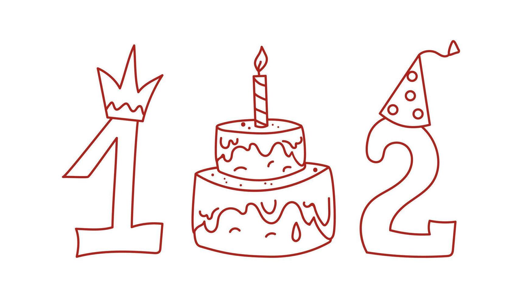 Sweet food, cake, candles, cap, crown, numbers. Number 1, number 2. Set of cute linear icons, cartoon birthday attributes. Kids party, magic doodles, drawings. vector