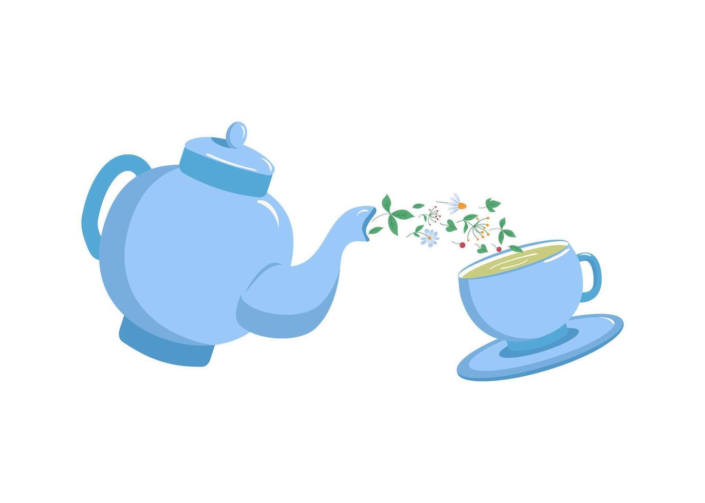 Teapot, floral herbal green tea. Cup and saucer, kettle. Background white isolated. vector
