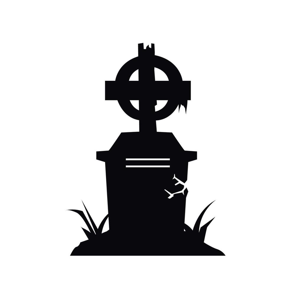 Creepy cross grave icon with concrete and wood. Flat illustration of death icon, perfect for Halloween. vector