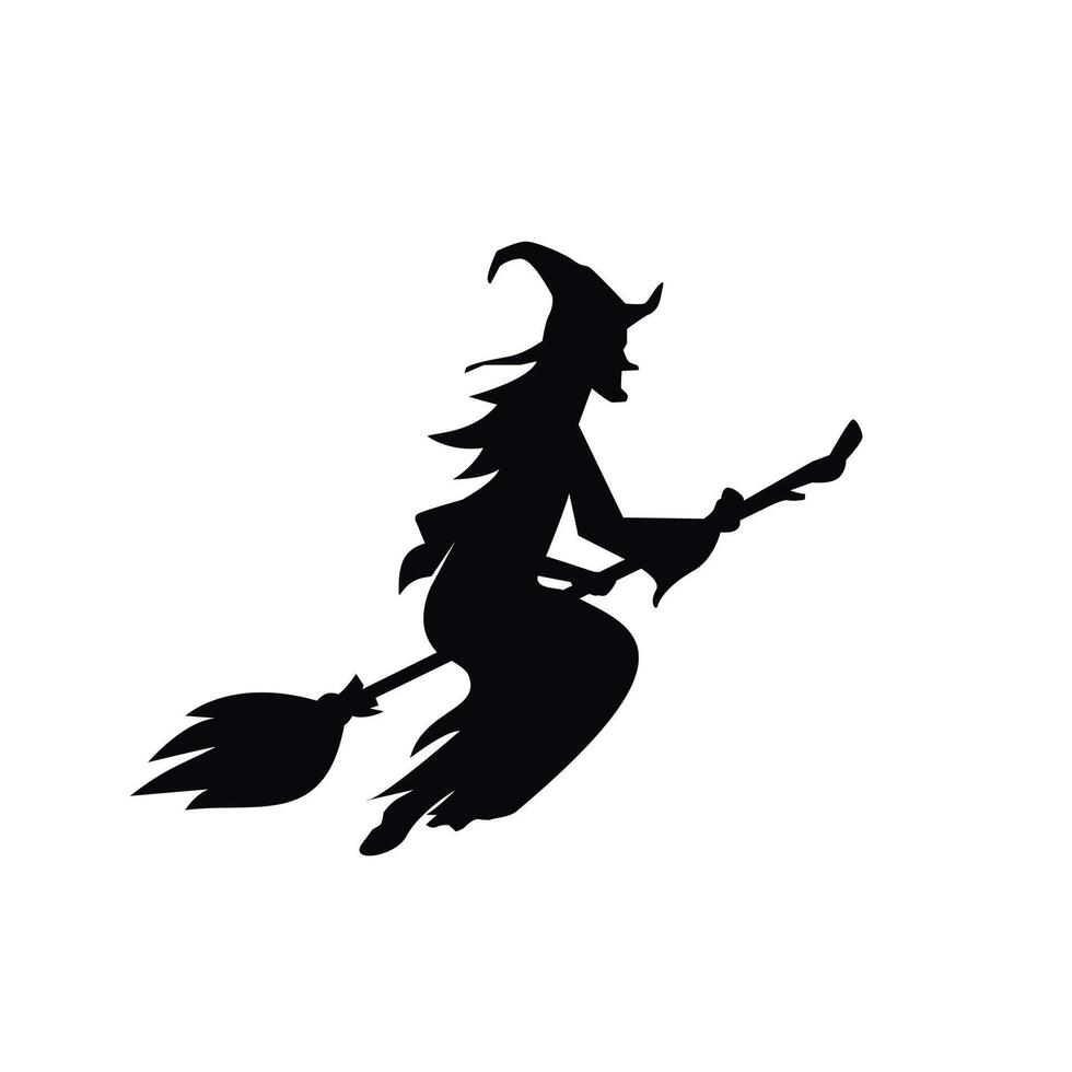 silhouette of a witch flying with a broom and a scary hat. Flat character illustration for halloween vector
