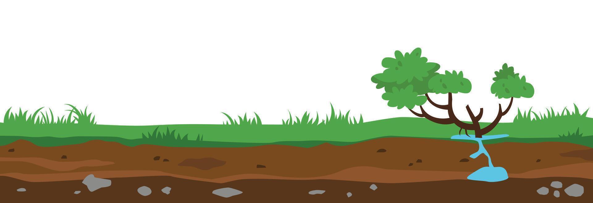 cross-sectional cut of green grass and field land with fresh trees, smooth underground surface texture, underground layer of earth. vector
