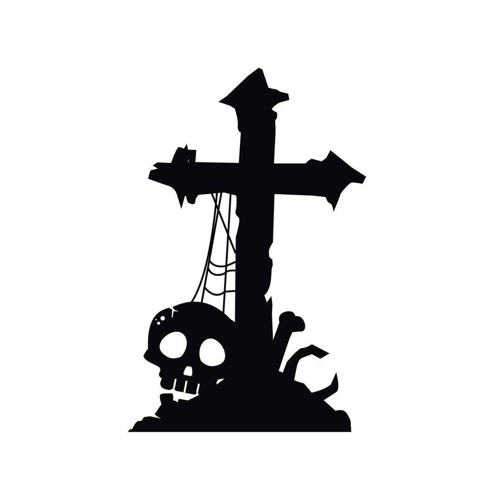 Creepy cross grav icon with skull. Flat illustration of death icon, perfect for Halloween vector