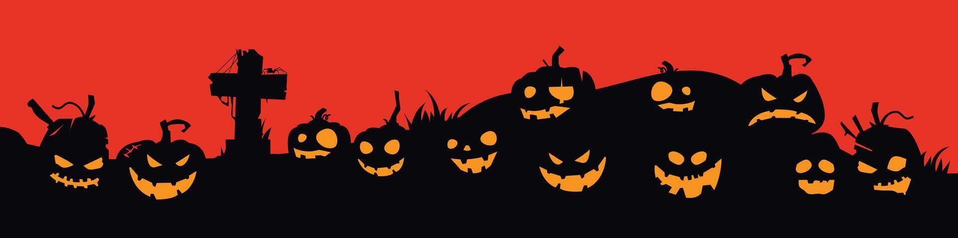 Halloween atmosphere illustration with pumpkin graveyard background and red sky vector