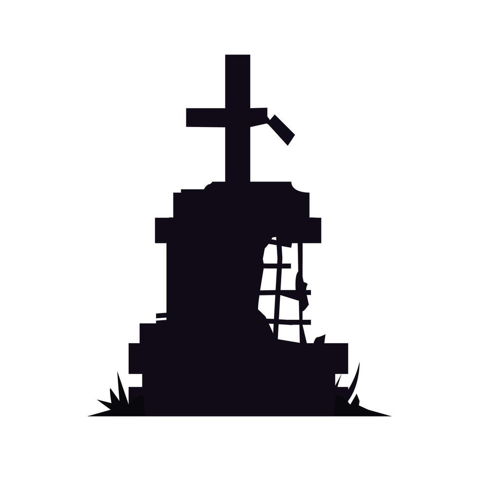 Creepy cross grave icon with cracked concrete. Flat illustration of death icon, perfect for Halloween. vector
