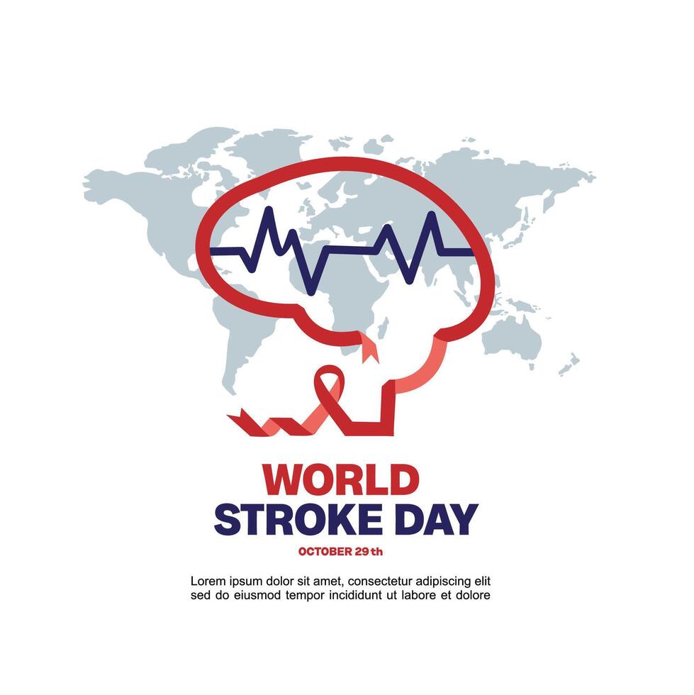 World Stroke Day, illustration of a brain-shaped ribbon with side-view frequency with world map vector