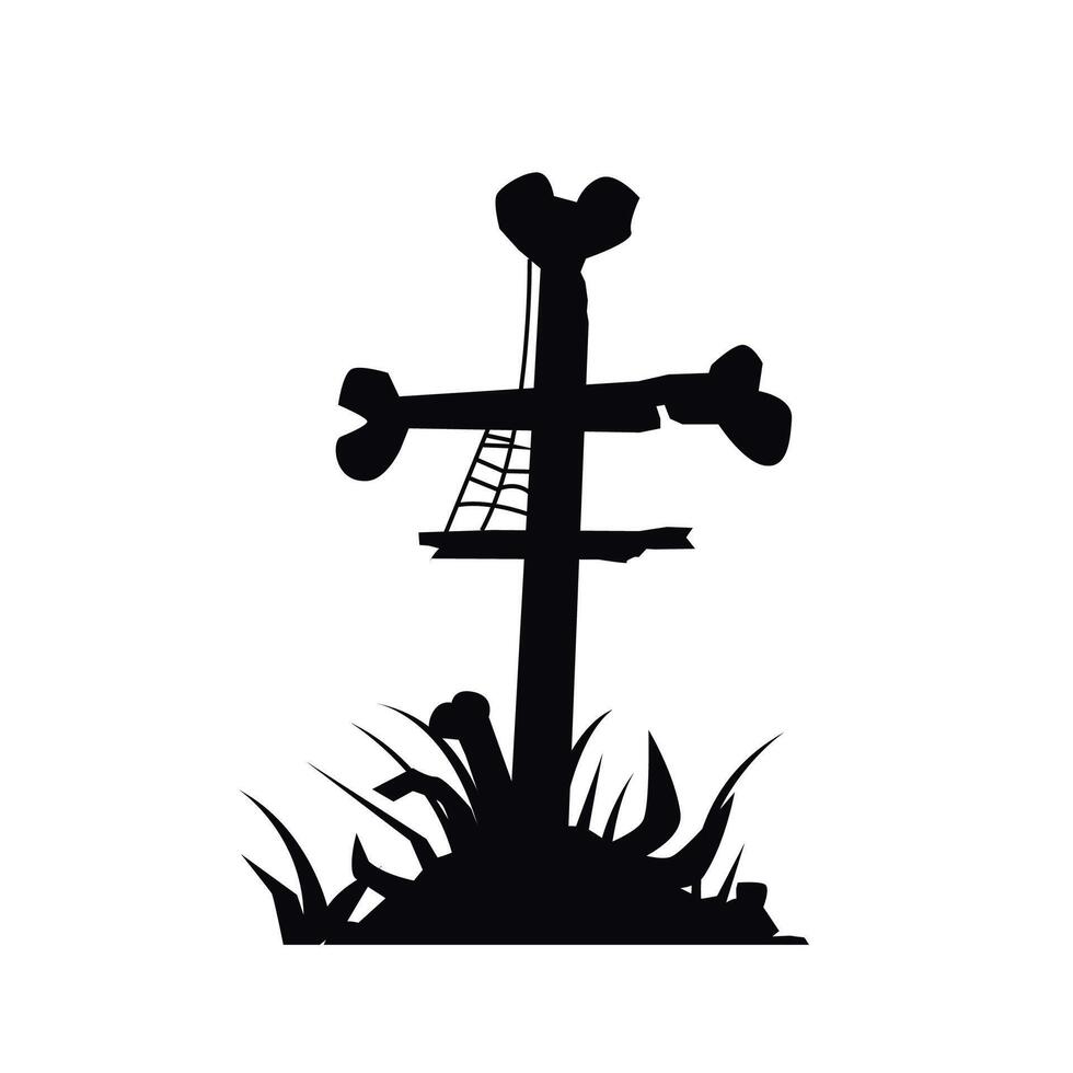 Creepy cross grave icon made of bones. Flat illustration of death icon, perfect for Halloween. vector