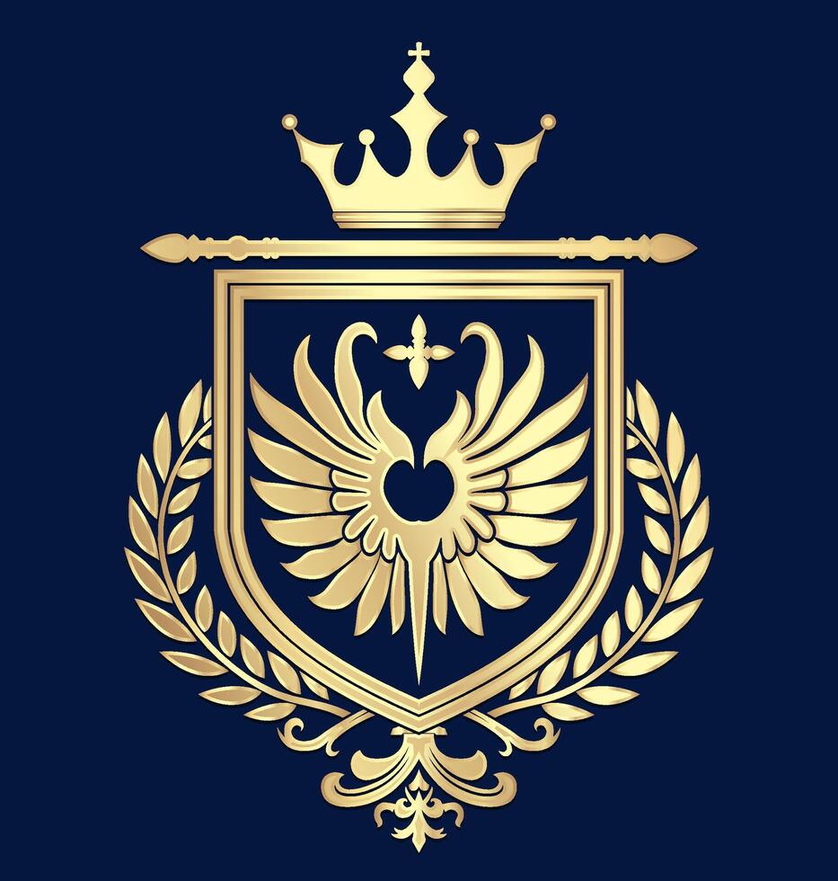 heraldry symbol with crown wings and laurel wreath gold logo vector