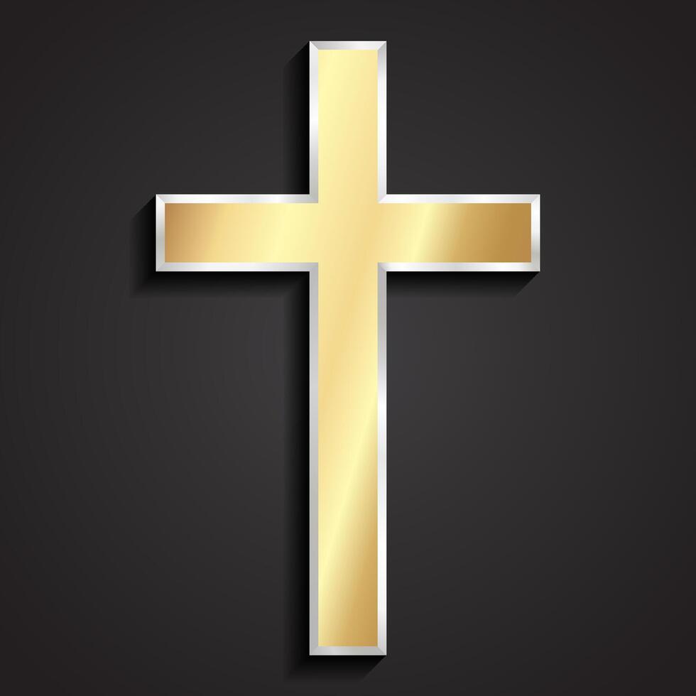 3d tratitional simple shape christian cross silver and gold shiny metal symbol vector