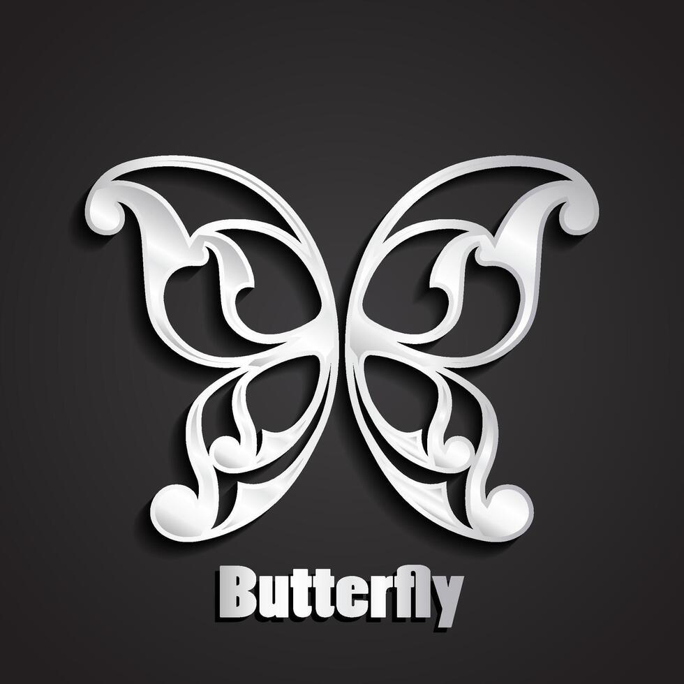 3d silver shiny ornamental butterfly logo vector