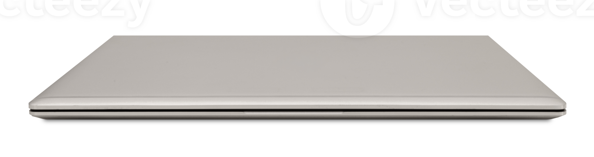 Modern light gray laptop with sleek design, on transparent background. Front view. Cut out closed computer, notebook. Technology, work from home theme png