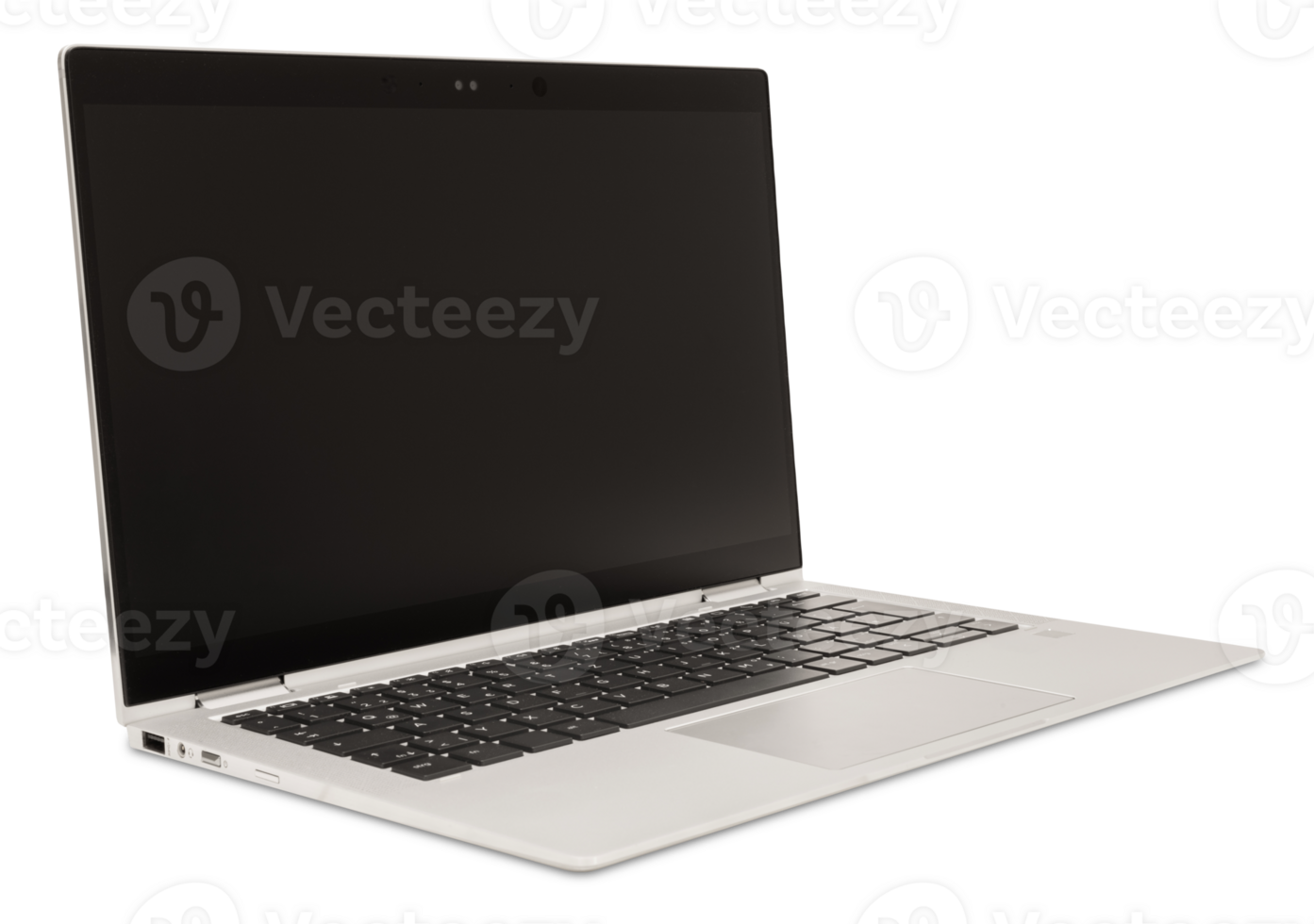Modern light gray laptop with sleek design, on transparent background. Side view. Cut out computer, notebook with black, blank display. Technology, work from home theme, office equipment. png