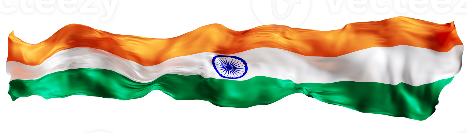 Stylized flag of India waving in the wind on transparent background. Footer, header or divider. Cut out wide, panoramic element. Banner for patriotic themes or national event promotions. 3D. png