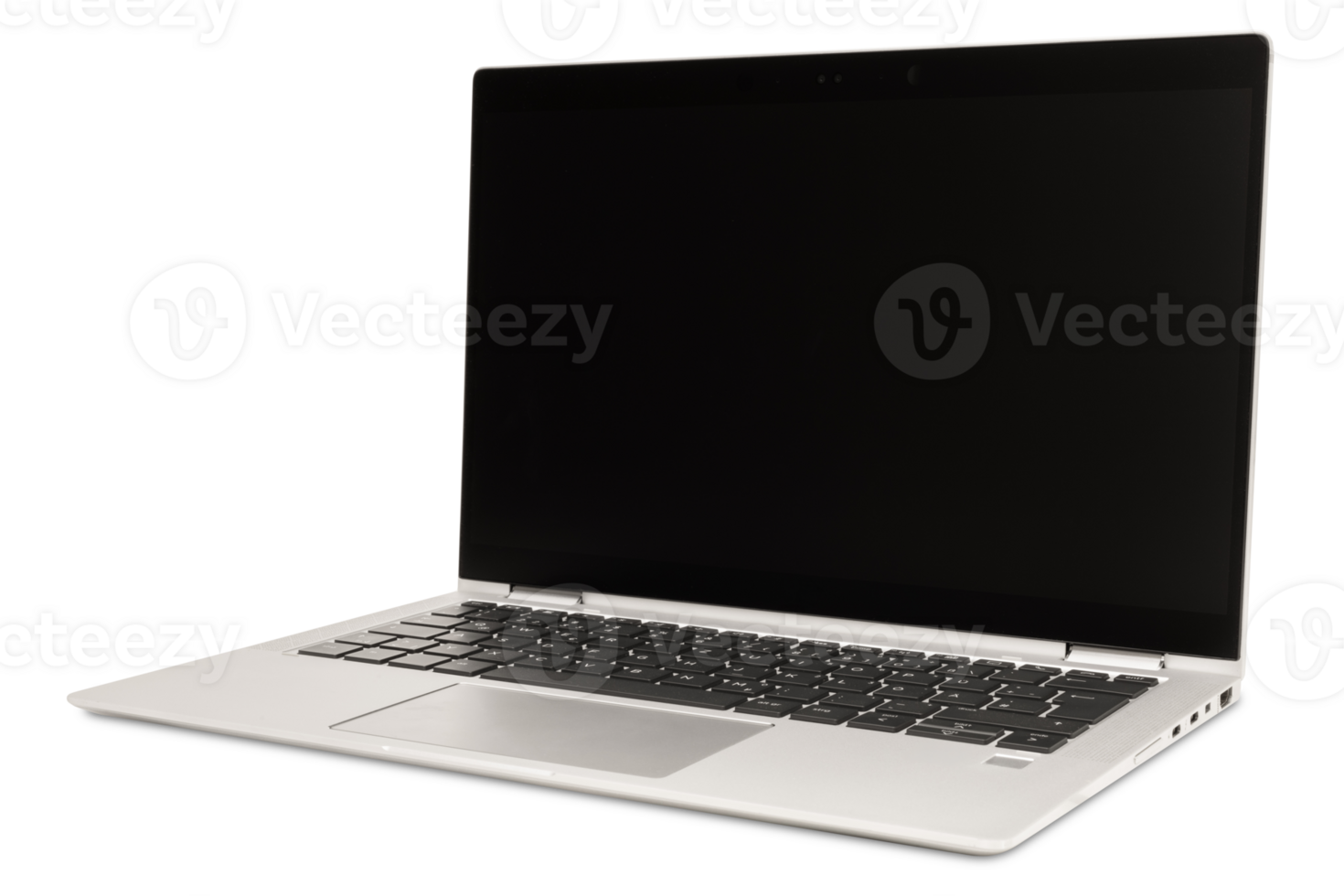 Modern silver laptop with sleek design, on transparent background. Side view. Cut out computer, notebook with black, blank display. Technology, work from home theme, office equipment. png