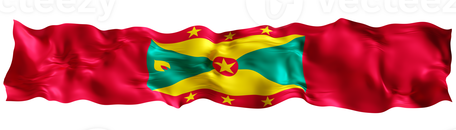 Stylized flag of Grenada waving in the wind on transparent background. Footer, header or divider. Cut out wide, panoramic element. Banner for patriotic themes or national event promotions. 3D. png