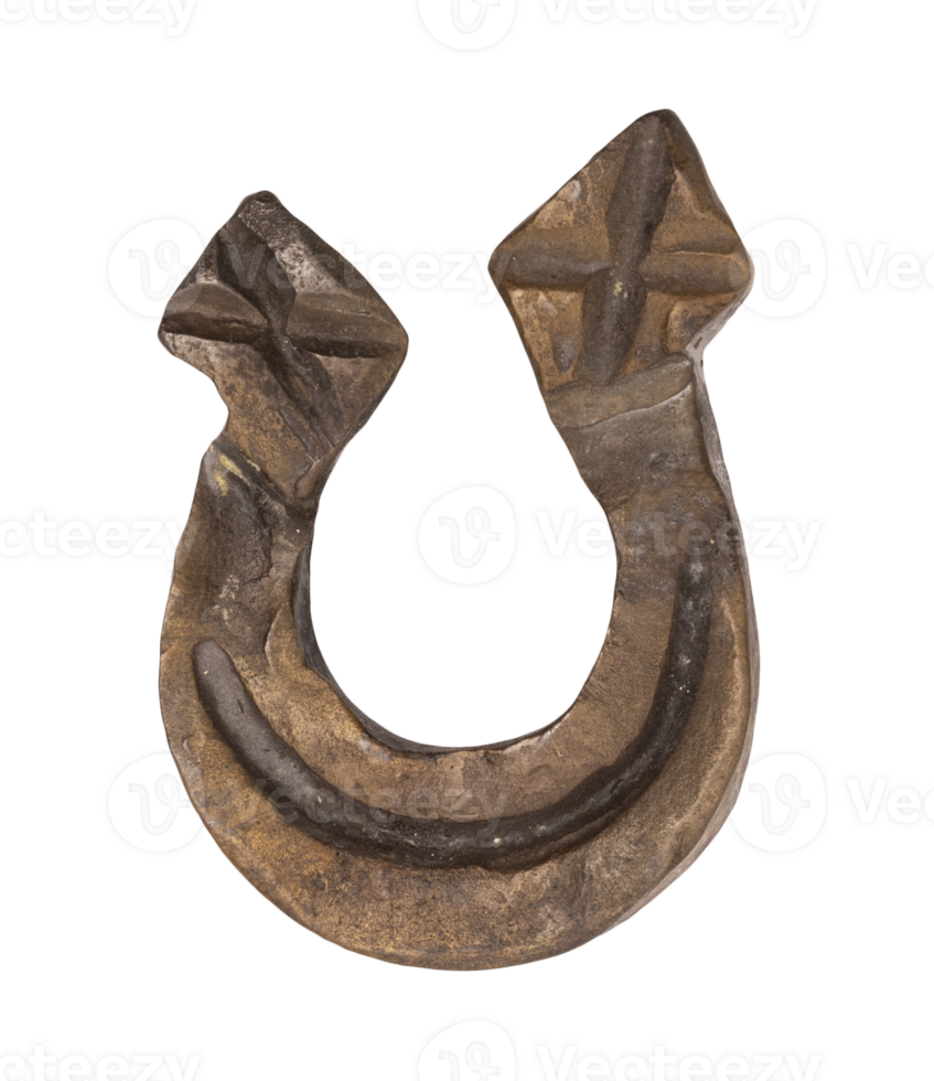 Metal stylized horseshoe with weathered and rustic finish, on transparent background. Vintage look. It's classic symbol of luck and protection, talisman for good fortune. Top view, flat lay. png