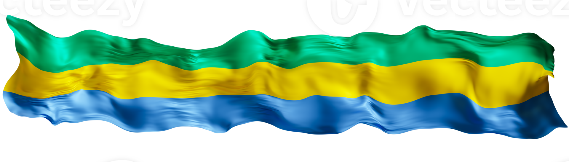 Stylized flag of Gabon waving in the wind on transparent background. Footer, header or divider. Cut out wide, panoramic element. Banner for patriotic themes or national event promotions. 3D. png
