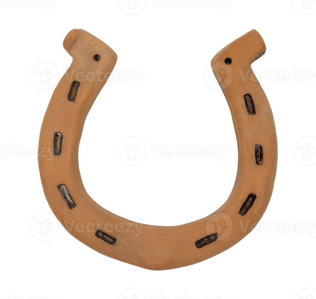 Rustic horseshoe in a traditional U-shape, on transparent background. The horse shoe is crafted from ceramic with weathered texture. It symbolizes luck and protection. Top view, flat lay. png