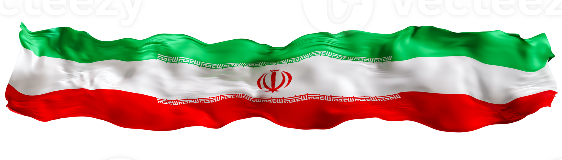 Stylized flag of Iran waving in the wind on transparent background. Footer, header or divider. Cut out wide, panoramic element. Banner for patriotic themes or national event promotions. 3D. png
