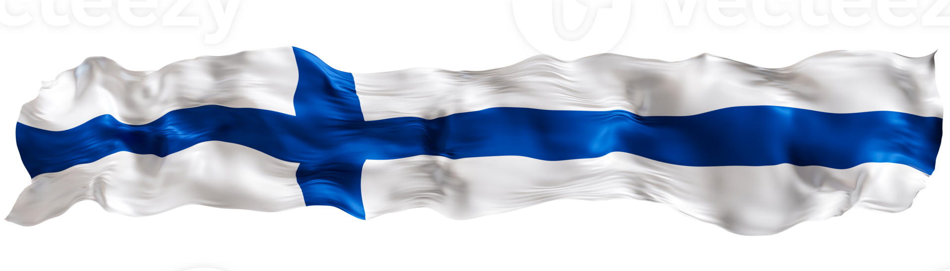 Stylized flag of Finland waving in the wind on transparent background. Footer, header or divider. Cut out wide, panoramic element. Banner for patriotic themes or national event promotions. 3D. png