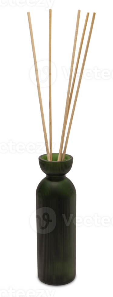 Elegant green glass reed diffuser bottle with wooden sticks, on transparent background. Front view. Home fragrance and aromatherapy. Cut out interior decor. png