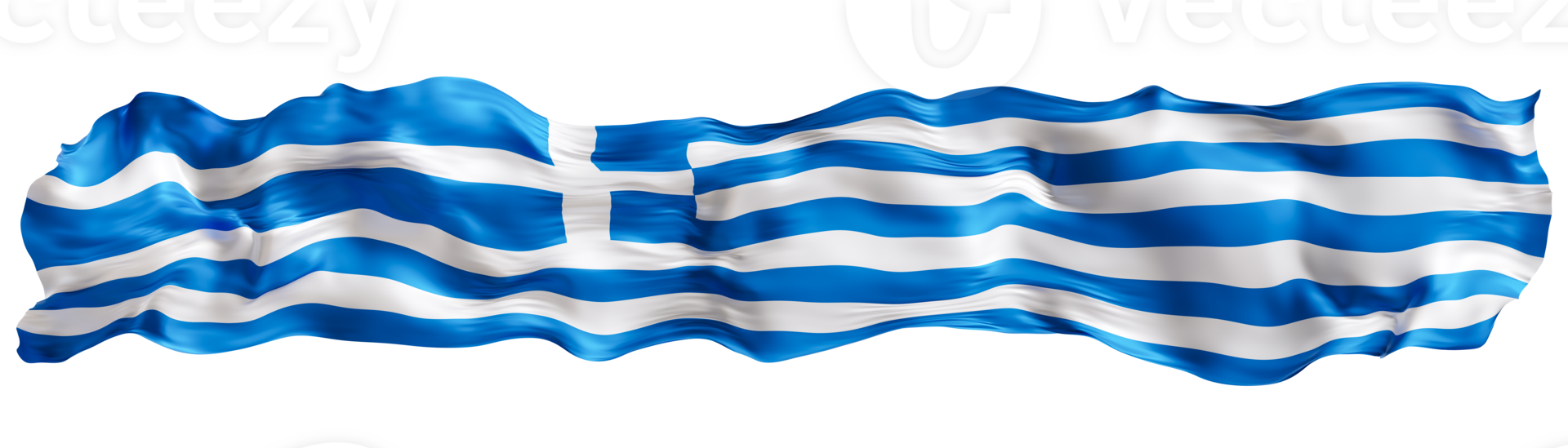 Stylized flag of Greece waving in the wind on transparent background. Footer, header or divider. Cut out wide, panoramic element. Banner for patriotic themes or national event promotions. 3D. png