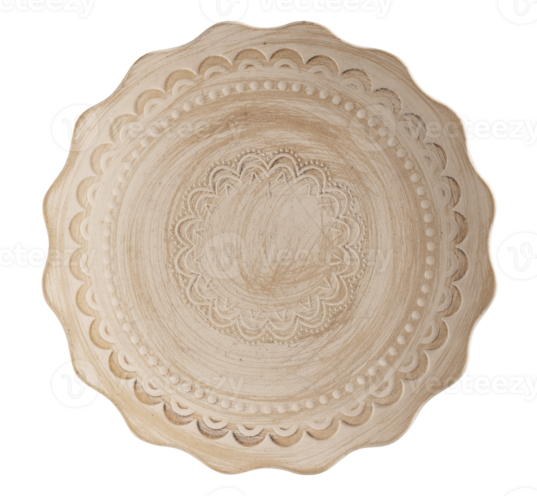 Beautifully crafted wooden boho-style plate with intricate carved patterns, on transparent background. Top view, flat lay. Natural earthy finish with rustic vintage look. Bohemian, farmhouse style. png