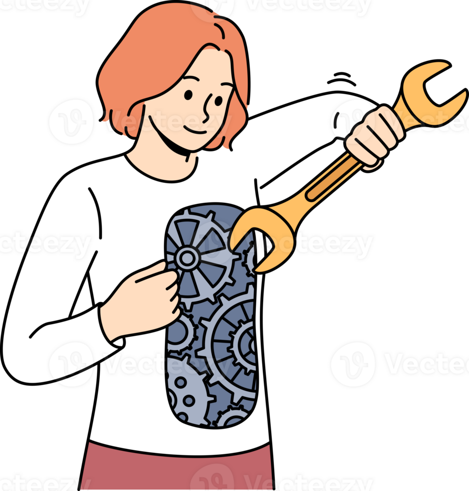 Woman independently restores mental health by repairing mechanism inside herself. Girl independently strives for progress, using wrench to improve gears that form positive personal qualities png