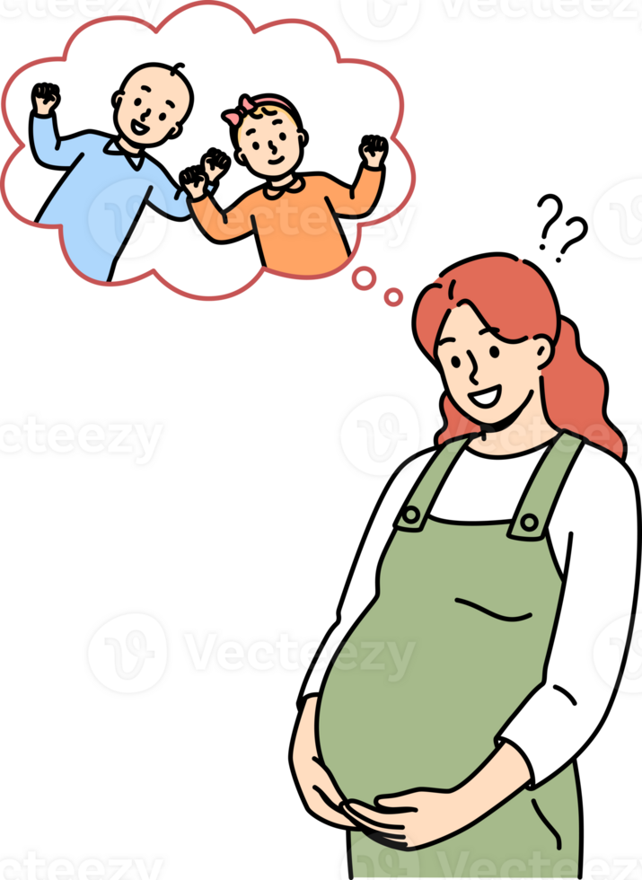 Pregnant mother is waiting for birth of twins from boy and girl, and smiles holding tummy. Cheerful pregnant lady dreams of future boy or girl, thinking about gender of unborn child png