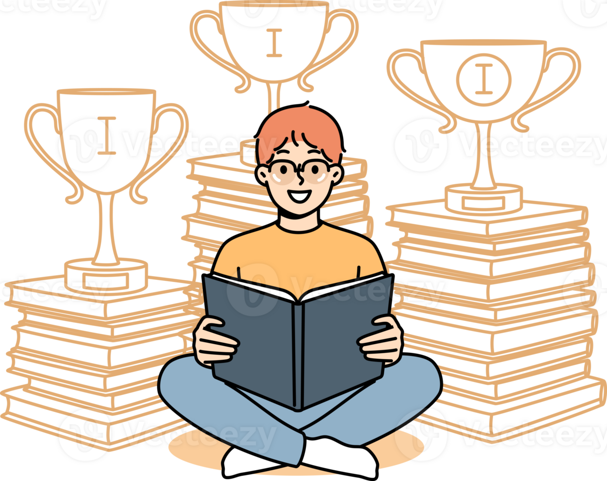 Boy prodigy elementary school student holding laptop, sitting near stacks of books with winning cups. Happy schoolchild prodigy who won online olympiad thanks to reading educational literature png