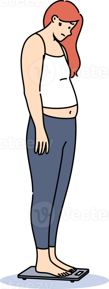 Problem of obesity and weight gain about depressed woman standing on electronic floor scale. Girl became obese due to poor diet or problems with metabolism that prevented absorption of foods. png