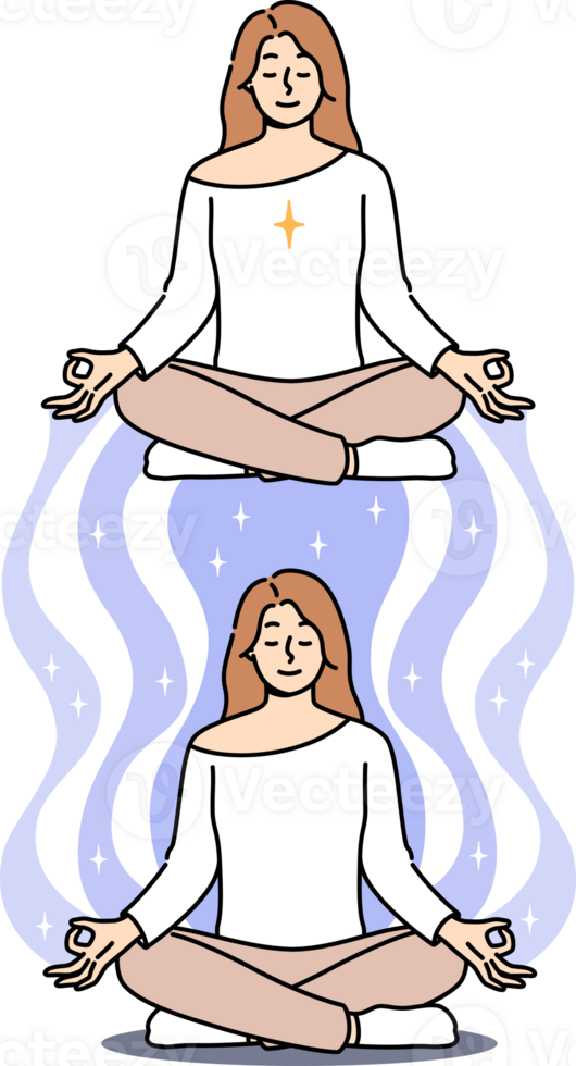 State of trance of meditating woman sitting in lotus position, with soul leaving body. Esoteric trance and astral travel for girl who cares about mental health and enlightenment of mind png