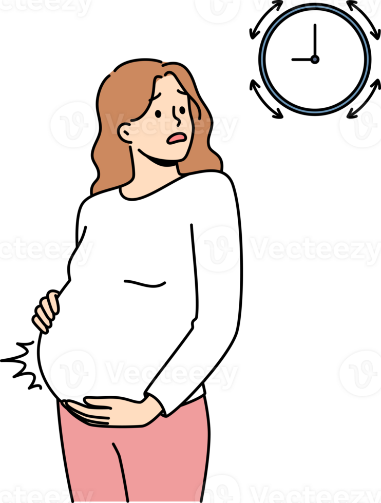 Pregnant woman measures contractions and looks at watch, waiting for ambulance to arrive from maternity hospital. Girl tracks intervals between contractions while waiting for labor to begin. png