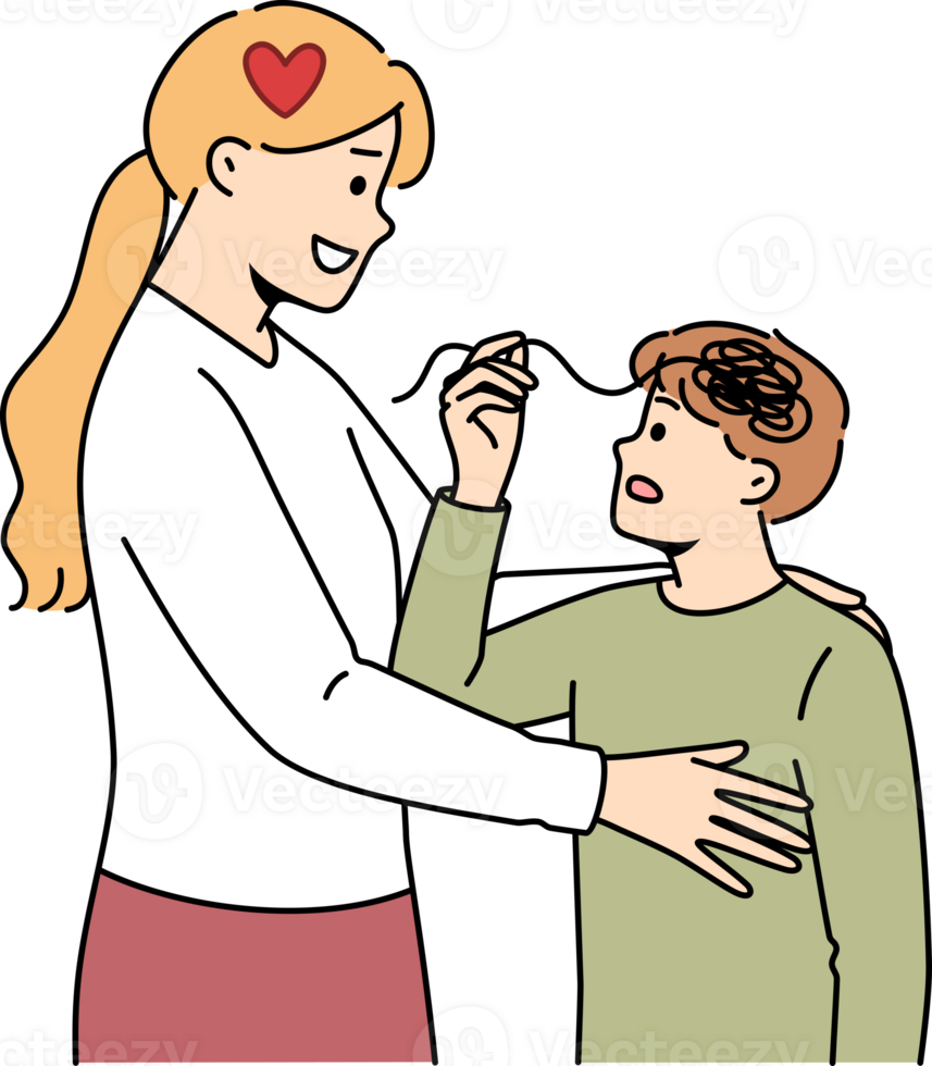 Motherly support from caring woman hugging unhappy boy with confused thoughts in head. Concept of importance of motherly support for raising healthy and promising person with successful future png