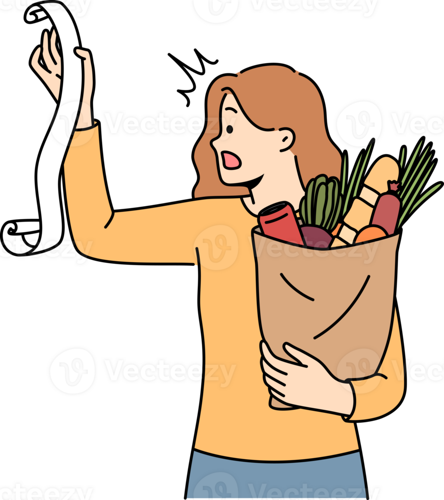 Huge bill for healthy food shocks woman who opens mouth, reading store receipt. Girl with bag healthy food products, disoriented due to sharp inflation of costs for organic fruits and vegetables. png