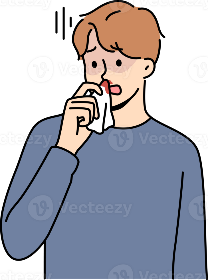Blood from nose in sick man suffering from intracranial pressure or dangerous virus that reduces stability of vessels. Blood from nose causes stress and discomfort in guy holding nasal tissue png