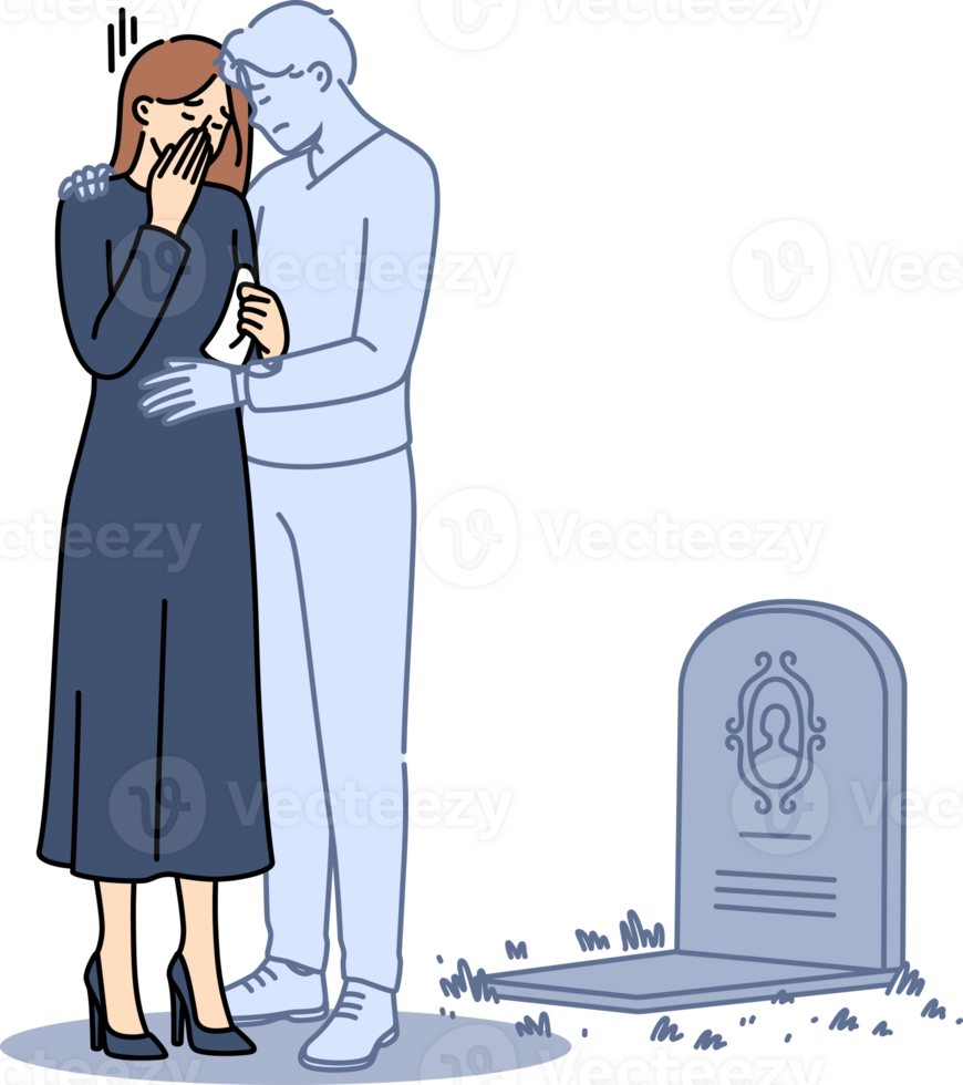 Ghost of husband supports widow crying at grave of deceased groom and suffering from loneliness. Widow girl stands in despair near gravestone in cemetery and needs help from loved ones png