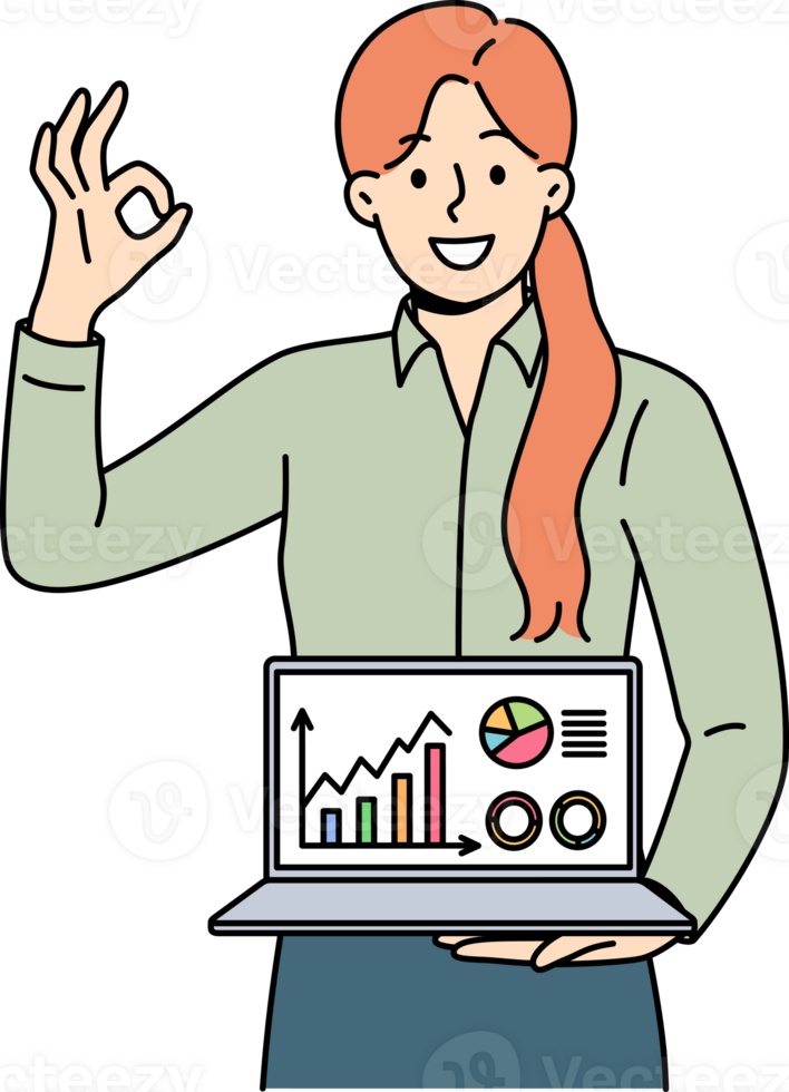 Business woman shows laptop with diagrams and ok gesture, reporting success of startup and income growth. Statistical data in computer of girl investor recommending using crm for business png