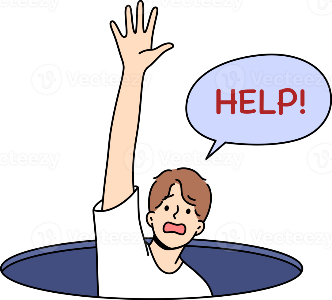 Man fallen into hole screams for help and raises hand, for concept of panic attack and helplessness. Panic attack in guy at risk of going crazy due to severe depression and mental disorder png