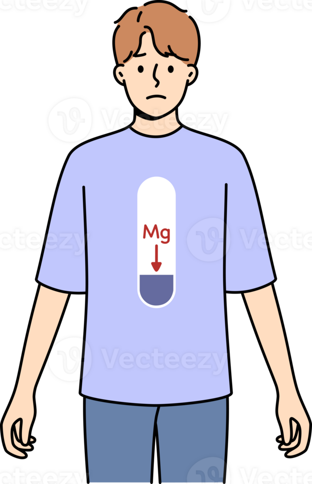 Magnesium deficiency in body of man with MG scale on stomach, and negative emotions on face. Problem of magnesium deficiency negatively affects health of bones and teeth or cardiovascular system png