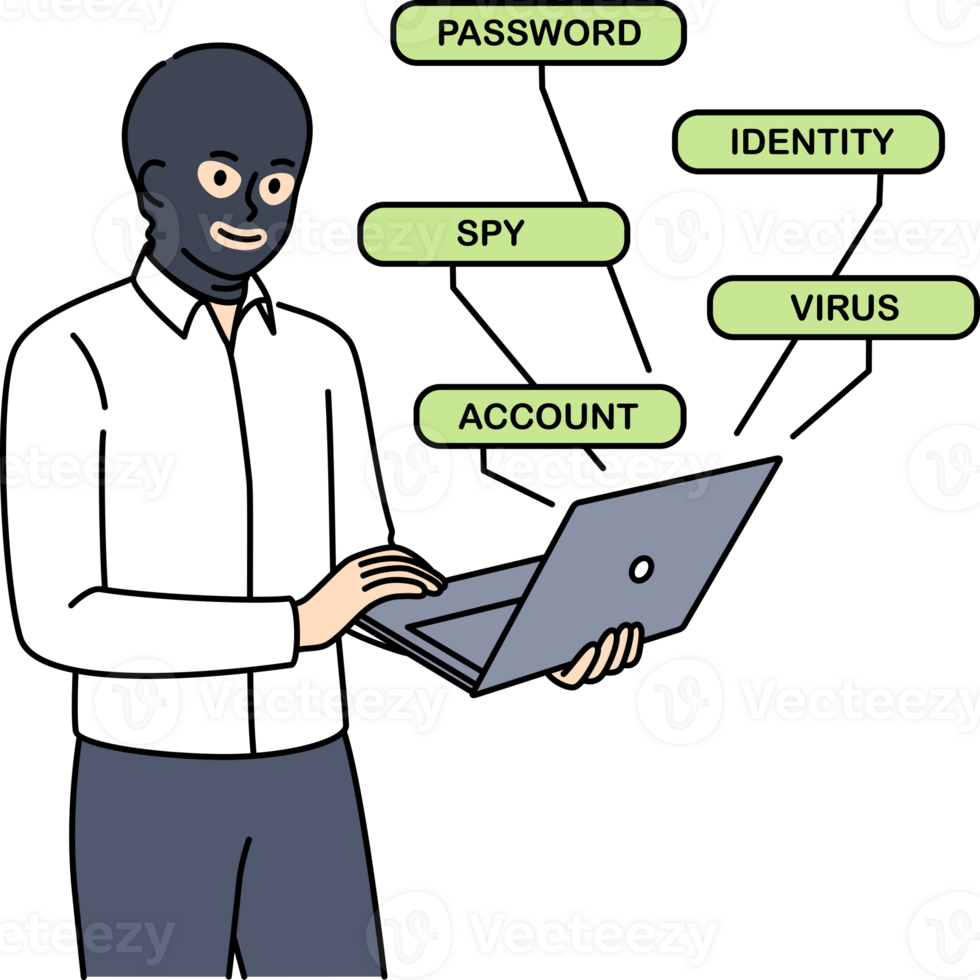 Man hacker hacks website through laptop, standing in mask hiding face to remain anonymous. Anonymous hacker creates spy virus to crack account passwords and steal bank card numbers png