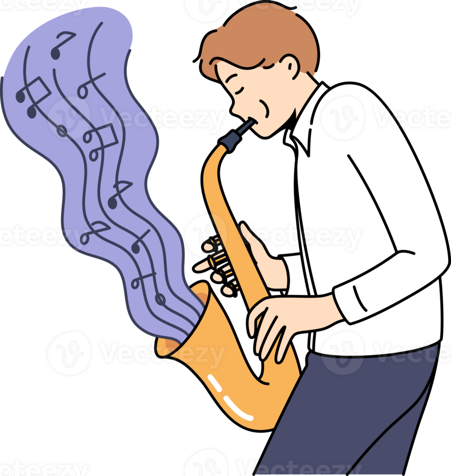Man masterfully plays jazz composition on saxophone, blowing notes from musical instrument. Talented guy plays saxophone, thanks to excellent hearing and talent, helps entertain people png