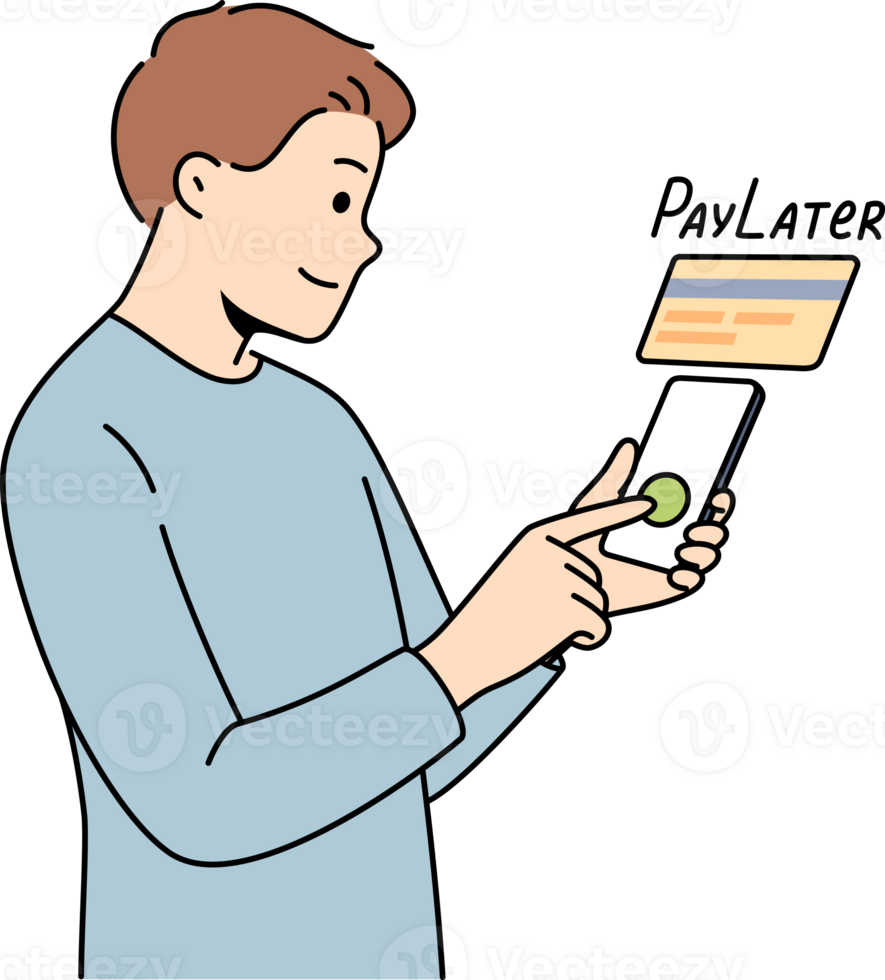 Man uses pay later function on phone while shopping online in application or ordering services. Financial technologies and banking for smartphones, with possibility of pay later to attract clients png