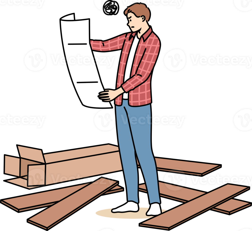 Man assembles furniture with own hands and holds large paper instruction manual, standing among boards. Young guy who assembles furniture is feeling unsure due to lack of experience. png