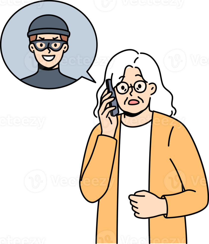 Elderly woman talking to telephone scammer who is trying to find out bank account password. Telephone scammer calls grandma, intimidating and forcing to provide personal information or using blackmail png